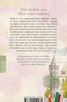 "Ein Leben aus Mut und Farben" steht oben. Darunter Buchbeschreibung. Unten links "rororo". Rechts: Illustration eines Gebäudes, Bäume, Stifte.