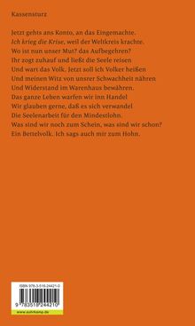 Text „Kassensturz“. Gedicht über Mut, Aufbegehren, soziale Missstände. Oranger Hintergrund. Barcodes unten links.