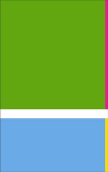 Grün oben, blau unten, dazwischen weiße Linie; rechts vertikale Magenta- und gelbe Streifen.