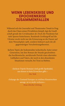 "Wenn Lebenskrise und Epochenkrise zusammenfallen." Beschreibung eines Romans von Jáchym Topol und Kritiken von "Die Welt" und "Neue Zürcher Zeitung". Orange Hintergrund mit rotem Text.