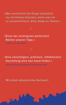 Roter Hintergrund, Zitate über Taiwan und politische Literatur. Unten eine abstrakte, blaue Silhouette.