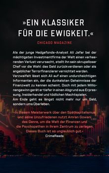 Zitat oben: „EIN KLASSIKER FÜR DIE EWIGKEIT.“ Chicago Magazine. Unten Text über Ali Jafars Gefährdung im Finanzsektor.