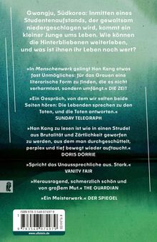 Rückseite eines Buches mit Zitaten von Zeitungen und einem Umschlagtext über Gwangju, Südkorea, mit einem dramatischen Thema.