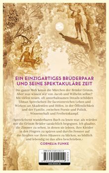 Ein Text über die Brüder Grimm und ihre Zeit, mit einem Zitat von Cornelia Funke. Sepia-Ton Illustration von zwei Personen.