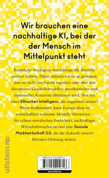 Gelber Hintergrund mit pixelartigen Mustern. Text: "Wir brauchen eine nachhaltige KI, bei der der Mensch im Mittelpunkt steht."
