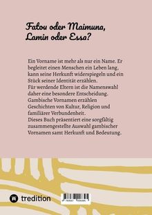 "Fatou oder Maimuna, Lamin oder Essa?" Text beschreibt die Bedeutung von Vornamen in der gambischen Kultur. Unten links ein Logo.