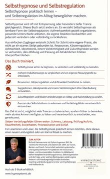 Rückseite eines Buches über "Selbsthypnose und Selbstregulation" mit Beschreibung der Inhalte und Vorteile. Bild des Autors enthalten.