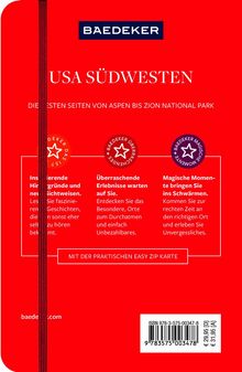 Text über Reiseerlebnisse in den USA Südwesten. Rotes Cover mit "BAEDEKER" Logo und dekorativen Symbolen.