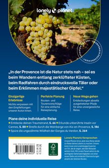 „In der Provence ist die Natur stets nah...“ 
Logo „lonely planet“. 
Weintrauben im Vordergrund.
