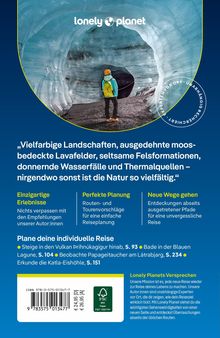 „Vielfarbige Landschaften, ausgedehnte moosbedeckte Lavafelder, seltsame Felsformationen, donnernde Wasserfälle und Thermalquellen – nirgendwo sonst ist die Natur so vielfältig.“ Ein Wanderer steht mit gelbem Rucksack in einer bläulich schimmernden Eishöhle. Oben ist das Logo von Lonely Planet zu sehen. Darunter gibt es Kategorien wie "Einzigartige Erlebnisse", "Perfekte Planung" und "Neue Wege gehen". 