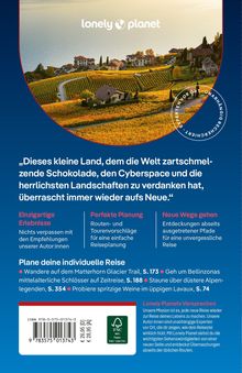 Lonely Planet Logo oben; Text über Schokolade, Cyberspace und Landschaften. Highlights: Einzigartige Erlebnisse, Planung, neue Wege.