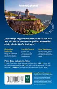 Oben: "lonely planet" Logo und Foto eines Klosters auf einem Felsen. Text über den Kaukasus und individuelle Reiseplanung.