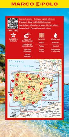 "Index of place names, Country and highlight information, Marco Polo Highlights, Routes with beautiful scenery."  
Darunter eine Landkarte von Spanien und Portugal.