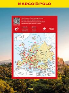 "MARCO POLO" oben, Karte Europas und Nordafrikas mit roten Sternen bei Städten, ein QR-Code und Zusatzinfos.