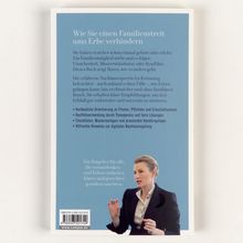 Text: "Wie Sie einen Familienstreit ums Erbe verhindern." Unten eine Frau in Businesskleidung, die gestikuliert.
