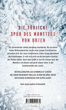 Text über verschneitem Wald: "Die tödliche Spur des Monsters von Bozen" von Luca D'Andrea. Thriller nach wahrem Kriminalfall.