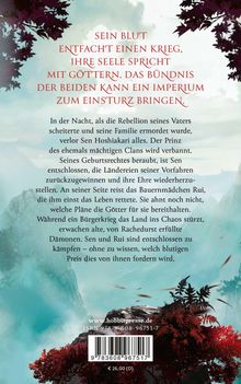 Text beschreibt einen epischen, kriegerischen Konflikt und das Schicksal von Sen und Rui, eingebettet in eine malerische Landschaft.