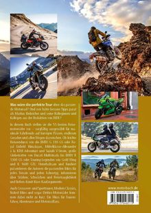 Text über Motorradtouren und die besten Reisemotorräder. Bilder von Motorrädern in Naturkulissen, auf Straßen und im Gelände.