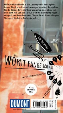 Ein Text beschreibt das Lebensgefühl der Cinque Terre. Wörter wie "WOMIT FANGE ICH AN?" und "I NEED VITAMIN SEA" sind enthalten.