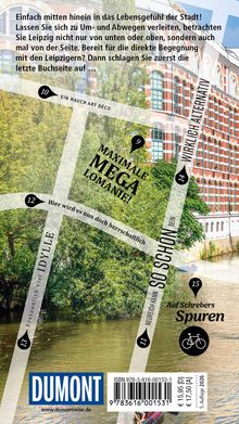 Texte: „Ein Hauch Art Déco“, „Maximale Megalomanie“, „Auf Schrebers Spuren“. Stadtansicht mit Fluss, Bäumen, Gebäuden und einem blauen Logo unten.