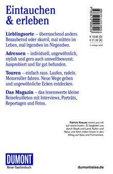 "Eintauchen & erleben" steht in großer blauer Schrift. Texte beschreiben Lieblingsorte, Adressen, Touren, Magazin. Dumont-Logo unten.
