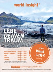 Werbetext: "Lebe deinen Traum" und Details zu Reiseangeboten. Mann steht vor Gletscherlandschaft.