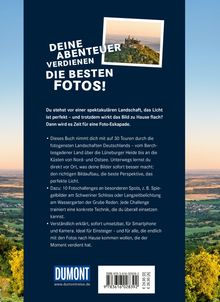 "Deine Abenteuer verdienen die besten Fotos!" Text auf dunklem Hintergrund, Bild einer Burg über üppiger Landschaft.