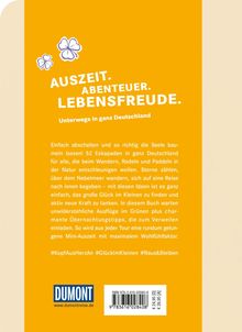 "Auszeit. Abenteuer. Lebensfreude. Unterwegs in ganz Deutschland." Gelber Hintergrund, Kleeblätter-Illustration.