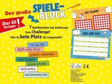 Text: "Der große SPIELE-BLOCK", "Über 60 Vorlagen!", "7 Spielklassiker mit Anleitung!" Bunte, spielerische Gestaltung mit Illustrationen.