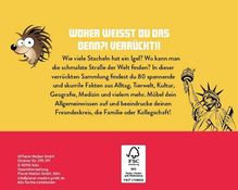 "WOHER WEISST DU DAS DENN?! VERRÜCKT! Sammlung mit 80 skurrilen Fakten." Igel und Freiheitsstatue bildlich dargestellt.