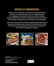 "KOCHEN IST MÄNNERSACHE" steht oben. Unten drei Essensbilder: Steak, Burger, Eintopf.