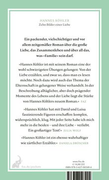Buchtitel: HANNES KÖHLER - Zehn Bilder einer Liebe. Ein moderner Roman über Liebe, Familie und Zusammenleben. Rezensionen von FAZ, Julia Wolf und Daniela Dröscher. Links Logo eines Elefanten, unten Preis €14, ISBN: 978-3-627-00349-4.