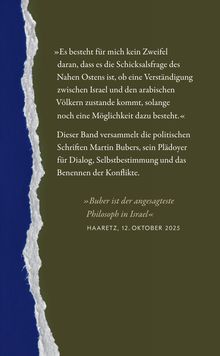 Textzitat über Nahostpolitik von Martin Buber und seine Rolle als Philosoph. Grün-blauer Hintergrundeffekt.