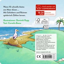 „Wenn 10 schnelle Autos ans Meer düsen ...“ Illustration: Küstenlandschaft mit einem Vogel auf einem Hut, Palme hinten.