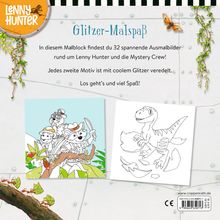 "Glitzer-Malspaß: In diesem Malblock findest du 32 spannende Ausmalbilder rund um Lenny Hunter und die Mystery Crew!" 

Ein Logo, bunte Figuren und Dinosaurier-Skizze.