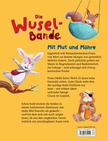 "Die Wusel-Bande. Mit Mut und Möhre." Zwei Tiere: Ein Hase springt, ein Eichhörnchen hängt in einer Schaukel. Fröhliches Design.