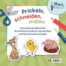 "Prickeln, schneiden, malen." Text erklärt Malblock für Kinder. Illustrationen: Giraffe, Küken, Schwein; Schere und Stift sichtbar.