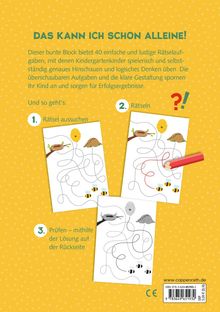Text: "DAS KANN ICH SCHON ALLEINE!" Enthält Anweisungen zum Auswählen, Rätseln und Prüfen. Zeigt bunte Illustrationen von Bienen.