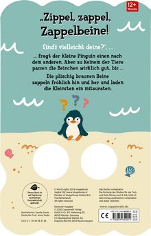 „Zippel, zappel, Zappelbeine! Sind’s vielleicht deine?“ Ein kleiner Pinguin mit Fragezeichen sitzt auf dem Sand.