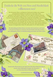 Entdecke die Welt von Sinn und Sinnlichkeit vollkommen neu! Text über Schwestern, Regency-Zeit, Karten und Blumenillustrationen.