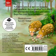 Ein Such-Buch mit Schiebern und Begriffen. Illustration von zwei Frischlingen im Wald, ein Vogel sitzt auf einem Busch.