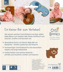 "Ein kleiner Bär zum Verlieben!" Beschreibung eines Baby-Stoffbuchs mit Kuschel- und Lernfunktionen; Babybilder und ein Bär-Logo.