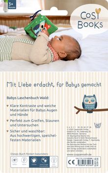 „Mit Liebe erdacht, für Babys gemacht“ steht auf einem gestreiften Hintergrund. Ein Baby hält ein Stoffbuch.