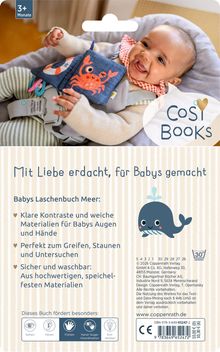 Oben: "3+ Monate", "Cosi Books". Unten: "Mit Liebe erdacht, für Babys gemacht". Baby lacht, hält ein Stoffbuch mit Krabbe.