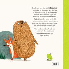 Text erklärt Freunde Frank und Bert, die mit einem Frosch konfrontiert sind. Illustration zeigt einen Bären, einen Fuchs, einen Frosch.