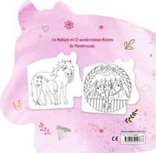 „Ein Malbuch mit 32 wunderschönen Motiven für Pferdefreunde.“ Zwei Pferdezeichnungen, rosa Hintergrund, florale Symbole.