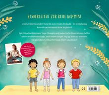 "Kinderleicht zur Ruhe kommen!" Vier Kinderfiguren stehen auf sandigem Boden mit grünen und gelben Pflanzen im Hintergrund.
