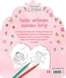 "Prinzessin Lillifee", "Punkte verbinden, ausmalen, fertig!" Illustration mit Blumen und zwei Ausmalbildern von Prinzessin und Drache.