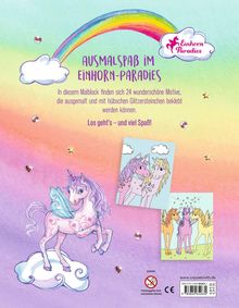AUSMALSPASS IM EINHORN-PARADIES. Illustration mit Einhörnern, einem Regenbogen und Glitzer. Enthält auch zwei gemalte Einhornbilder.
