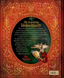 "Oh, du gruselige Weihnachtszeit!" Ein Werwolf in rotem Anzug hält ein Geschenk. Goldene Verzierungen umrahmen die Szene.